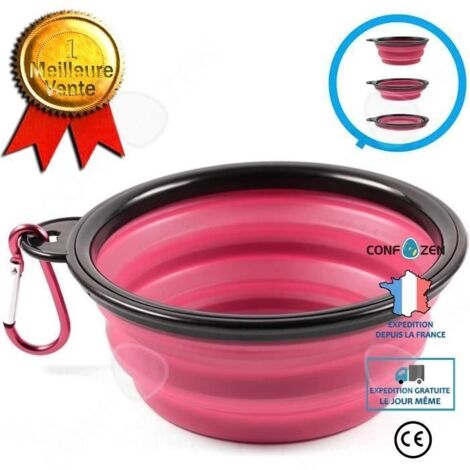 Gamelles et distributeurs pour chiens Bol en Silicone Pliable en Rose, Bol de Voyage pour Chiens et Chats avec Mousqueto