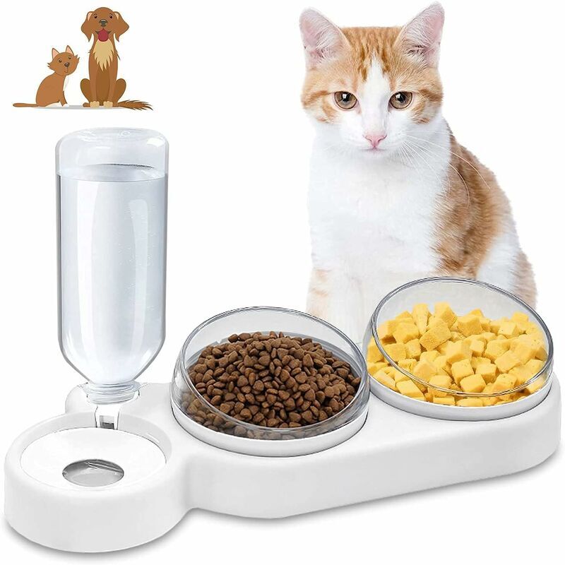 Gamelles pour Chats, 3 en 1 à Stockage D'eau Automatique Bols pour Chat, Inclinable à 15° Double Gamelle Chat Surélevée, Anti-Vomissements,