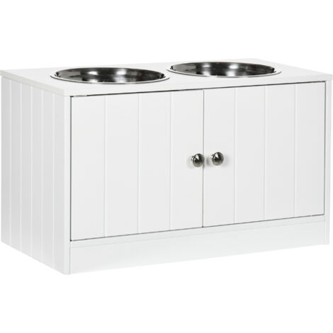 Gamelles surélevées chien 2 inox rangement 44L portes magnétiques station alimentation chien chat blanc organisation