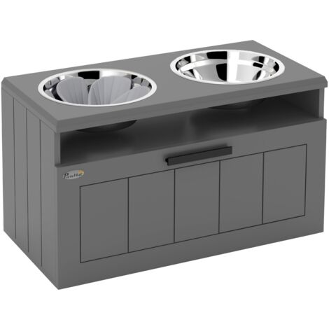 Gamelles surélevées chien grands formats (60x30x35cm) - 2 bols inox, tapis anti-glouton, rangement 25L - Gris