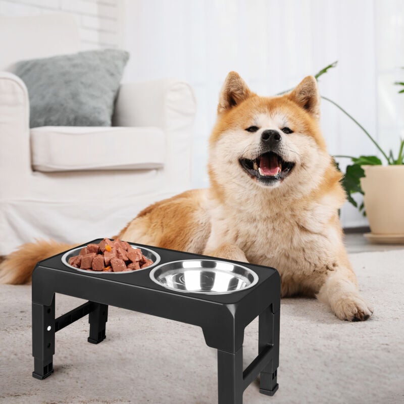 Gamelles Surélevées de 3 Hauteurs Ajustables, Support avec Gamelle Anti-Glouton et Gamelle inox, Noire