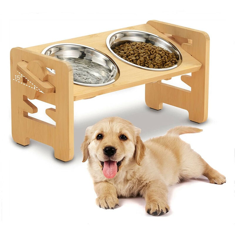 Gamelles Surélevée pour Chat et Chien Personnalisée en Bambou avec 2 Bol en Inox