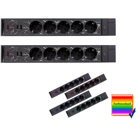 Gamer Mehrfachsteckdosen 2er SET 5fach Farbwechsel 1,4Meter, 2xUSB