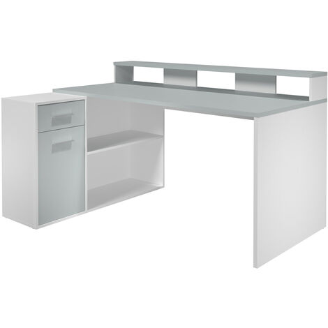 Petit bureau moderne blanc et gris avec 1 porte et 2 tiroirs - PAKAU