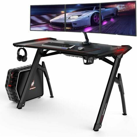 Gaming Bureau de jeu 120cm avec lumières RVB, Bureau d'ordinateur de Bureau à domicile avec porte-gobelet et crochet pour casque, Gamer Table de jeu pour PC, Postes de travail informatiques, Noir