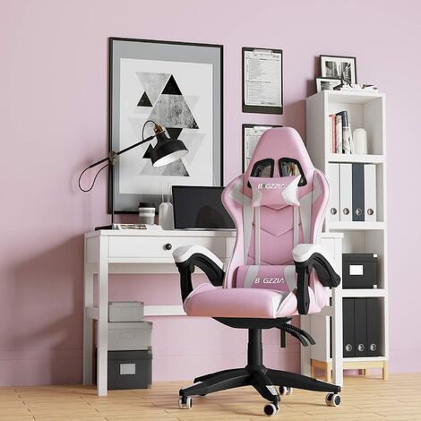 Gaming Chair Bigzzia Office Chair Desk Chair Swivel Heavy Duty Chair Ergonomic Design with Cushion and Reclining Back Support (Pink and White)