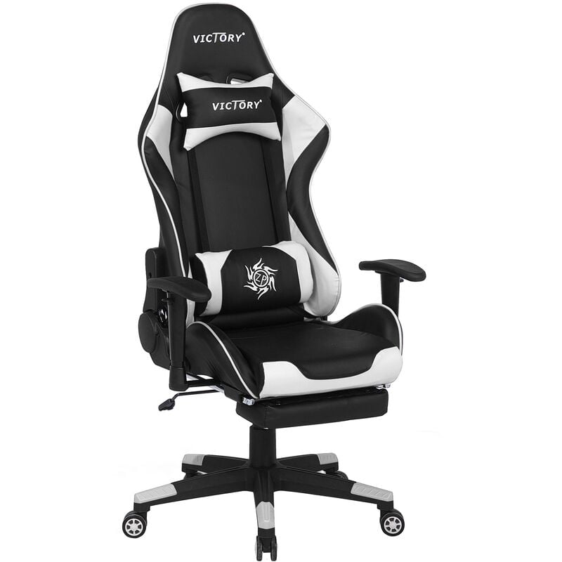 Gaming Chair Ergonomic Footrest Adjustable Armrests Black and White Victory