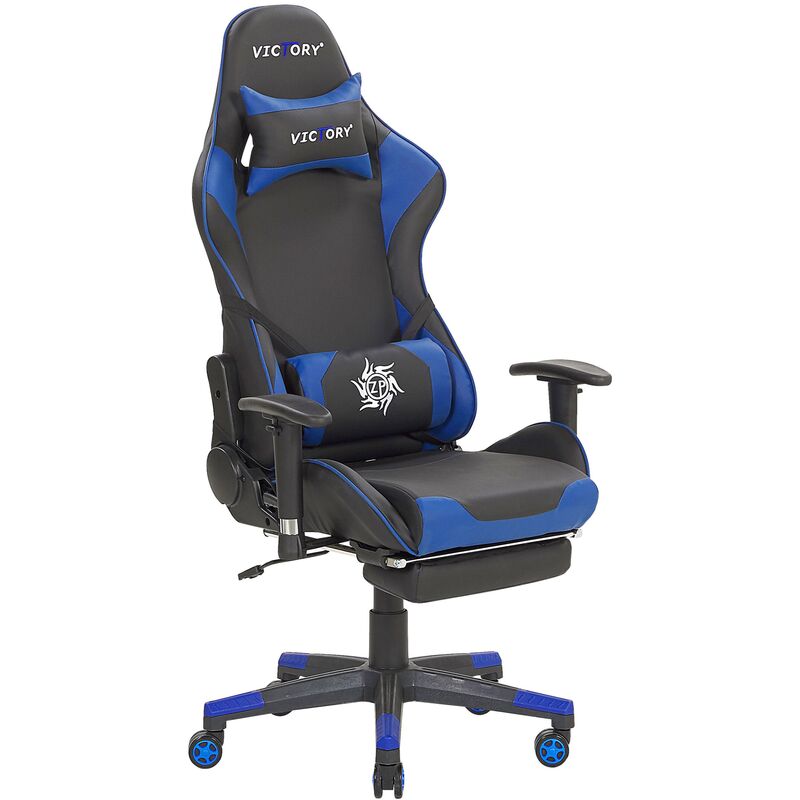 Gaming Chair Ergonomic Footrest Adjustable Armrests Black and Blue Victory