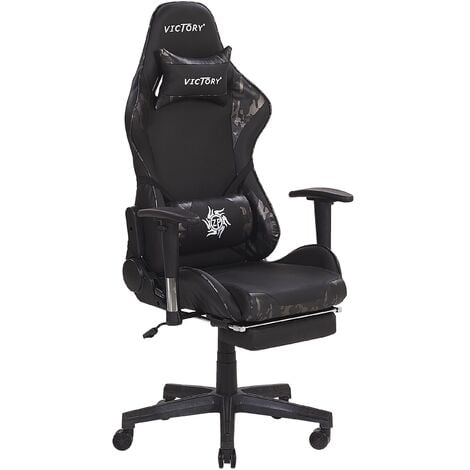 Gaming Chair Ergonomic Footrest Adjustable Armrests Black and Camo Victory - Black