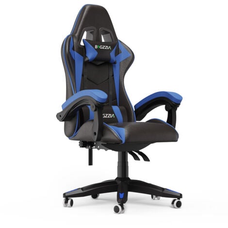 Gaming Stuhl BIGZZIA - Ergonomischer Bürostuhl - Zurücklehnen PC-Spiel Stuhl - Gaming Sessel Ergonomischer Gamer Stuhl Kopfstütze Lendenkissen - Schwarz Blau