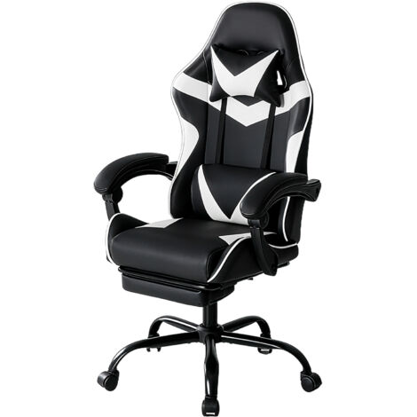 Gaming Stuhl, Chair Gamer Sessel - Ergonomischer Gamer Stuhl mit Fußstütze Kopfstütze und Lordosenstütz Höhenverstellbar Gepolstert Gamingstuhl 150 Kg Tragkraft PC Sessel Drehsessel Schwarz-Weiß