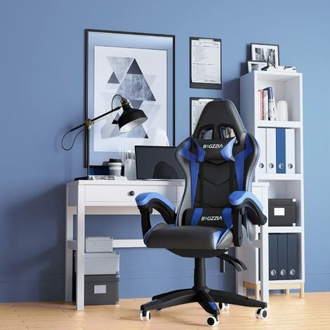 Gaming Stuhl - Gaming Chair mit Kopfstütze und Lendenstütze, 90-135° Rückenlehne, Gamer Stuhl, Blau, bigzzia