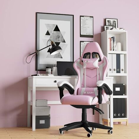 Gaming Stuhl - Gaming Chair mit Kopfstütze und Lendenstütze, 90-135° Rückenlehne, Gamer Stuhl, Rosa, bigzzia
