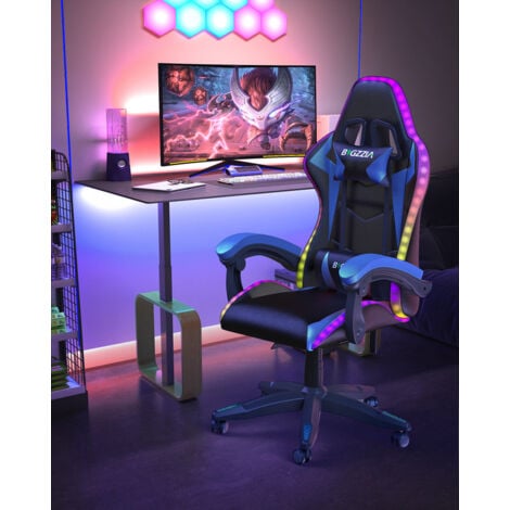 Gaming stuhl led - bigzzia Racing Gaming Stühle RGB -mit Verstellbare Kopfstütze - Lendenwirbelstütze - Liegefunktion - Gamer stuhl für Jugendliche Jungen Mädchen Erwachsene - Blau