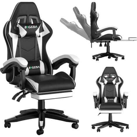 Gaming Stuhl mit Fußstütze - bigzzia PU-Kunstleder Bürostuhl Ergonomisch - Gamer Stuhl Racing PC-Stuhl mit Lendenkissen - Weiß