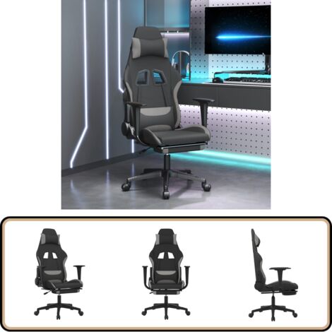 Gaming-Stuhl mit Fußstütze Schwarz und Hellgrau Stoff - Gaming Stuhl - Gamer Chair - Bürostühl - Schreibtischstuhl - Ergonomischer Stuhl