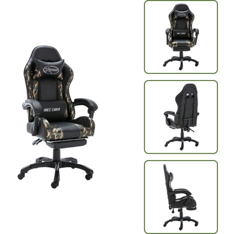 Vidaxl Schwarz Gaming-Stuhl Mit Fußstütze Und Tarnmuster Kunstleder - Racing-Stuhl - Racing-Stühle - Bürostuhl - Bürostühle