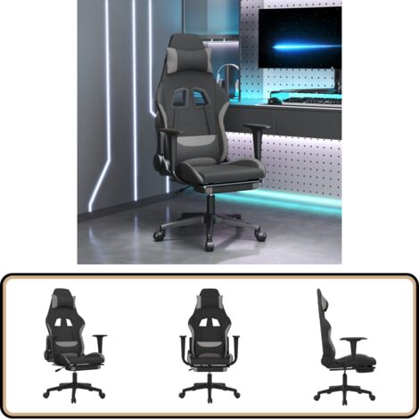 Gaming-Stuhl mit Massage & Fußstütze Schwarz und Hellgrau Stoff - Gaming-Stuhl - Gamer Chair - Bürostuhll - Ergonomischer Stuhl - Massagesessel