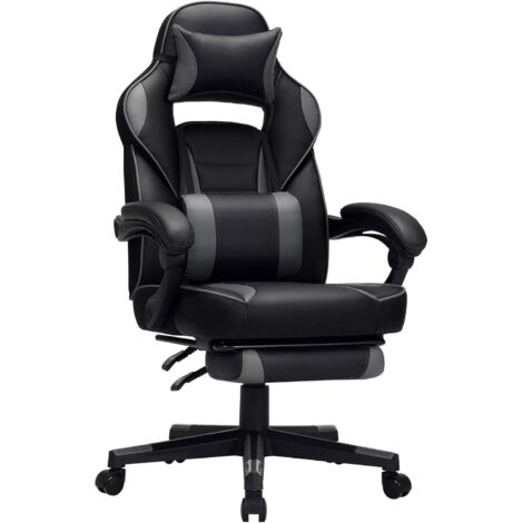Gamingstuhl, Schreibtischstuhl mit Fußstütze, Bürostuhl mit Kopfstütze und Lendenkissen, höhenverstellbar, ergonomisch, 90-135° Neigungswinkel, bis 150 kg belastbar, Schwarz-grau OBG073B03