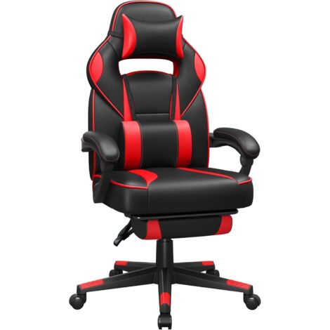 Gamingstuhl, Schreibtischstuhl mit Fußstütze, Bürostuhl mit Kopfstütze und Lendenkissen, höhenverstellbar, ergonomisch, 90-135° Neigungswinkel, bis 150 kg belastbar, Schwarz-rot OBG73BRV1 - Negro y Rojo