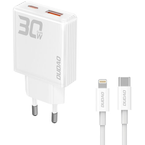 GaN A30EUL 30W USB-A USB-C Wandladegerät + USB-C - Lightning Kabel - Weiß