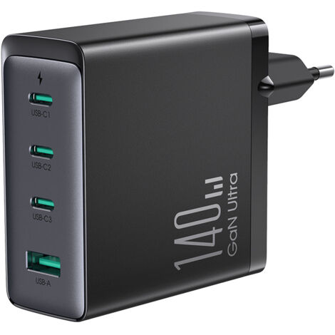 GaN Ultra 140W Schnellladegerät 3 x USB-C / USB-A Joyroom JR-TCG05EU - Schwarz + USB-C - USB-C 240W 1,2m Kabel