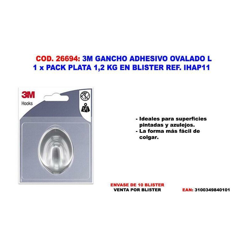 

3m gancho adhesivo ovalado l 1 x pack plata 1,2 kg ihap11 - Mibricotienda