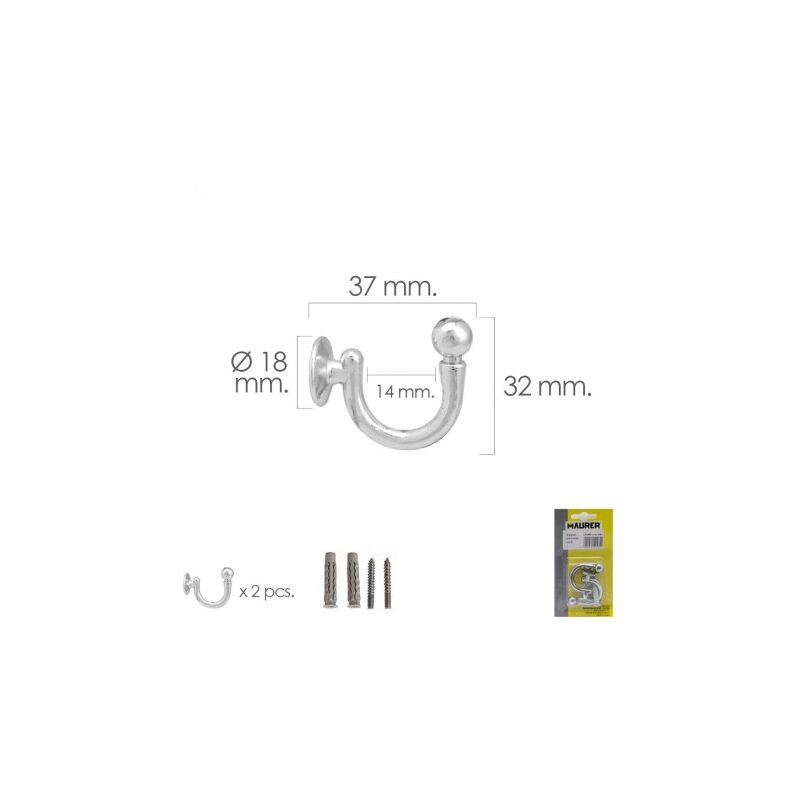 

Gancho cromado atornillabe 37 mm. con tacos y tornillos (blister 2 piezas)