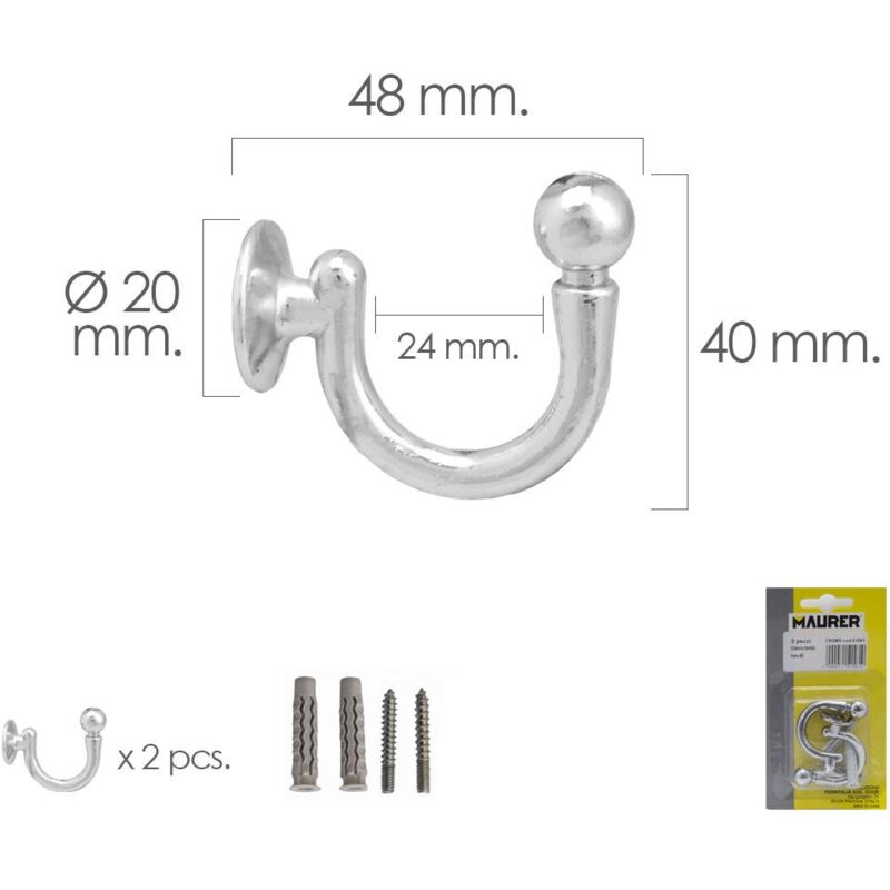 

Gancho cromado atornillabe 48 mm. con tacos y tornillos (blister 2 piezas)