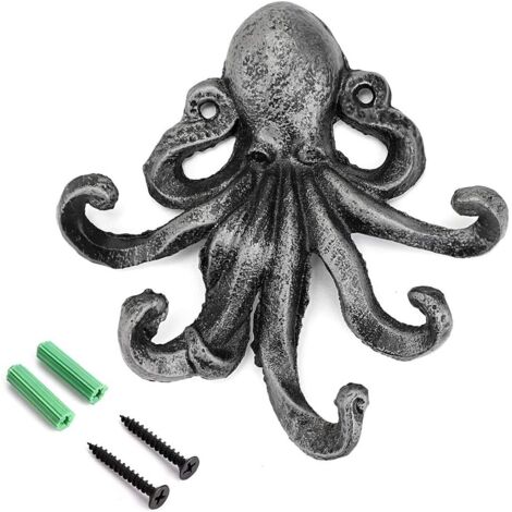 Gancho decorativo de pared de hierro fundido con forma de pulpo y cinco tentáculos: toallero rústico, llavero, perchero y toallero, plateado