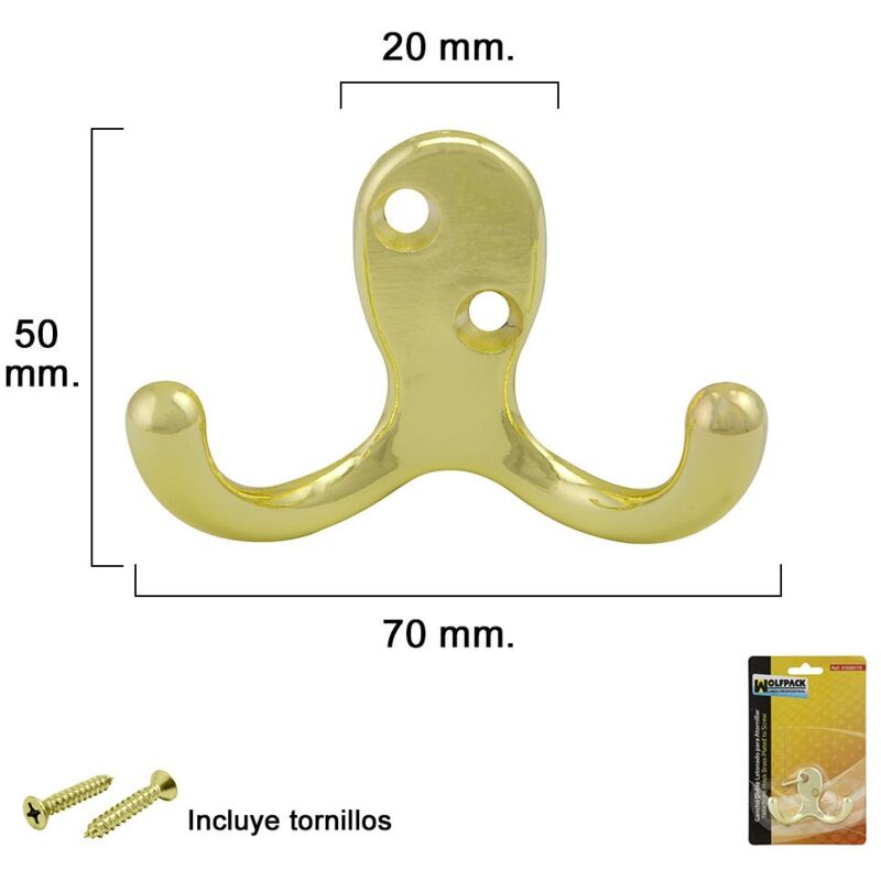 

Gancho doble latonado para atornillar con tornillos incluidos.