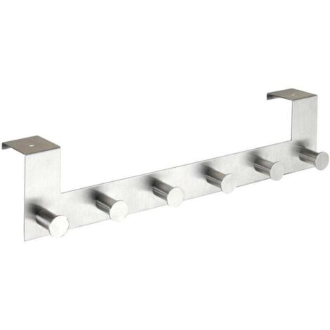 Gancho para colgar sobre la puerta Celano, 6 ganchos para toallas o abrigos, no requiere taladrar, grosor máximo de la puerta 4 cm, 39 x 11 x 7,5 cm, acero inoxidable satinado
