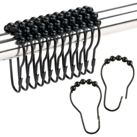 Gancho para cortina de ducha KZQ, barra de ducha de baño, aro metálico resistente a la oxidación para cortinas - Juego de 12 piezas, negro mate