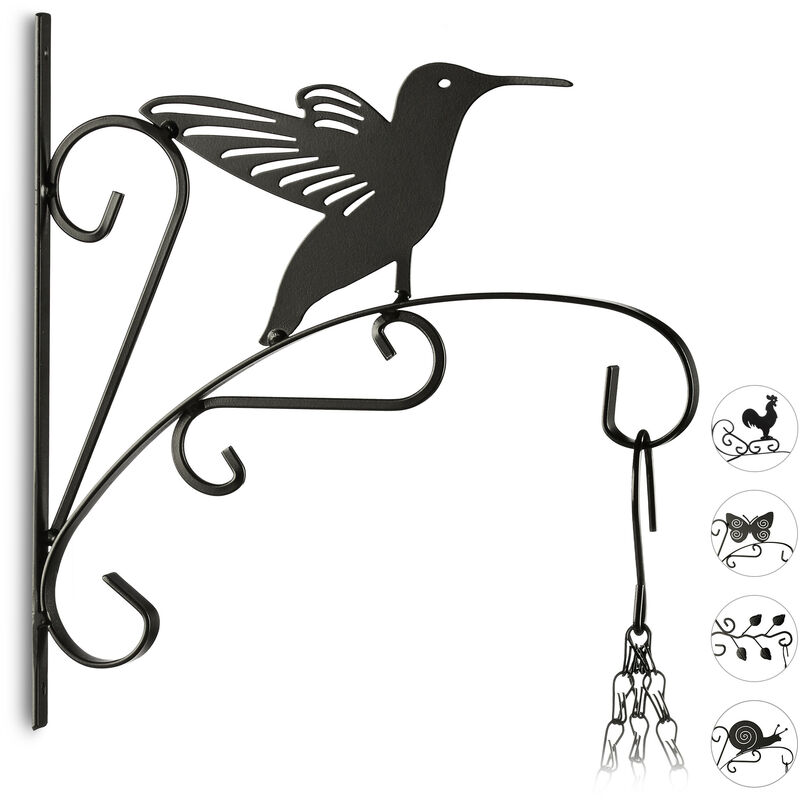 

Gancho para macetas pájaro, gancho de pared para cestos, decoración de jardín, metal, 30 x 28 x 2 cm, negro