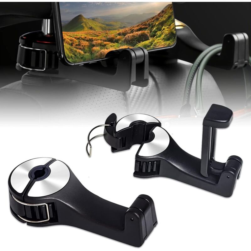 Ganchos 2 en 1 para reposacabezas de coche, ganchos para asiento trasero GM, con soporte para teléfono, ganchos para almacenamiento de reposacabezas