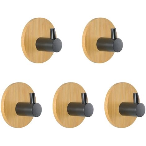 Ganchos adhesivos de madera, 5 piezas de ganchos adhesivos negros para puerta, toallero de bambú, ganchos adhesivos para puertas de baño, cocina y oficina