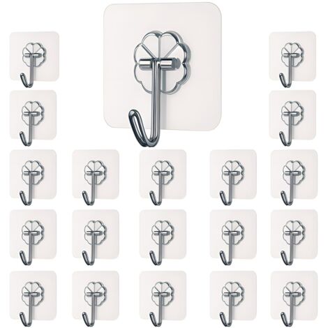 Ganchos de pared autoadhesivos - paquete de 20, sin clavos, ganchos con adhesivo fuerte, cuelgan objetos pesados sin taladrar (20 ganchos).