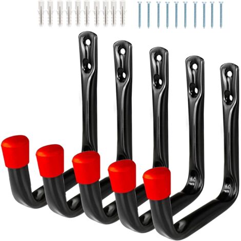 Ganchos de pared para garaje de 5 piezas, ganchos en J resistentes con tornillos, soportes de montaje en pared para herramientas eléctricas, mangueras, jardín, sillas plegables, color rojo.