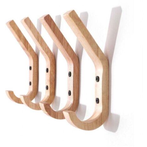 Ganchos de pared, perchero con dos ganchos, 16 x 6 x 2,5 cm, madera de caucho, 4 piezas