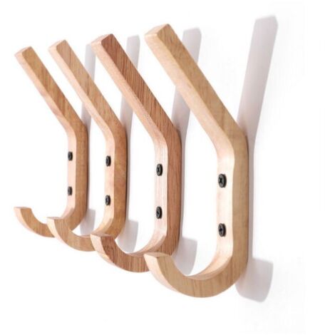 Ganchos de pared, perchero con dos ganchos, 16 x 6 x 2,5 cm, madera de caucho, 4 piezas