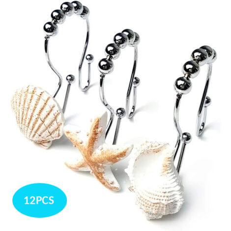 Ganchos decorativos para cortina de ducha con forma de océano, inoxidables, de acero inoxidable, con 5 rodillos deslizantes para baño, bañera y ducha, juego de 12 ganchos