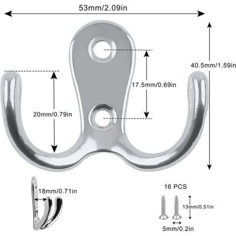 Ganchos dobles para abrigos, paquete de 6, ganchos de doble punta, ganchos cromados para abrigos, ganchos dobles para puertas, ganchos de pared plateados, perchas de metal con 24 tornillos para dormit