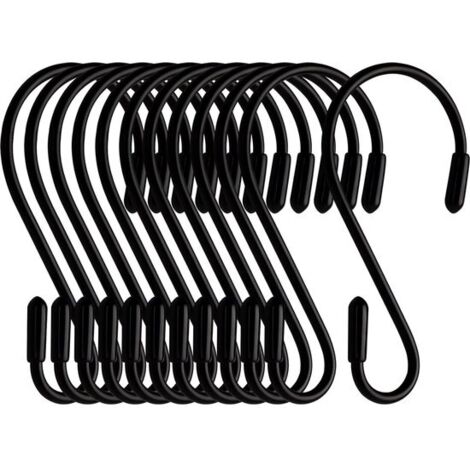 Ganchos en forma de S con puntas de goma - Paquete de 12 - Negros - Metal - 8 cm