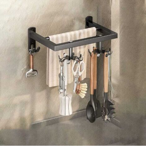 Ganchos giratorios, soporte de pared sin taladro para utensilios de cocina, soporte de pared para espátulas y cucharas, negro