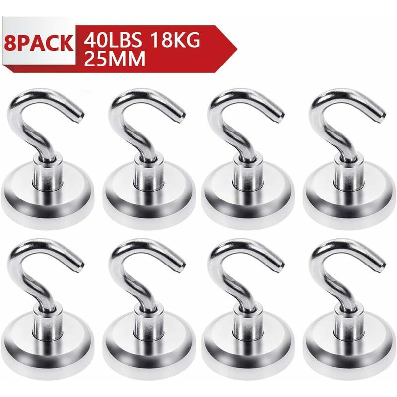 

Ganchos magnéticos de neodimio, imanes con ganchos, ganchos magnéticos Aplicación Cocina Garaje Imán de escritorio Fuerza adhesiva 40 LBS 25mm-8PCS