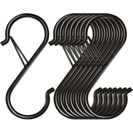 Ganchos metálicos KZQ en forma de S con sistema anticaída, 8 unidades, para colgar plantas, macetas y tazas, bolsos y ropa, 9 x 4 cm, color negro
