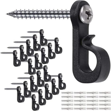 Ganchos para guirnaldas de luces navideñas con tornillos, ganchos de plástico, clips para colgar guirnaldas de luces, 20 unidades, color negro.