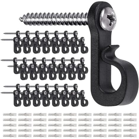 Ganchos para guirnaldas de luces navideñas con tornillos, ganchos de plástico, clips para colgar guirnaldas de luces, 45 piezas, color negro.