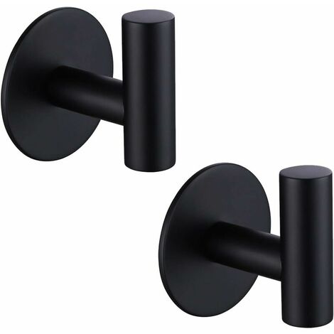 Ganchos para toallas de pared, autoadhesivos de acero inoxidable, gancho para ropa para baño, cocina, garaje, montaje en pared, paquete de 2, no requiere perforación (negro)