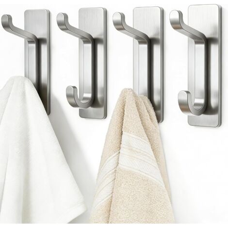 Ganchos para toallas sin taladrar: ganchos adhesivos extrafuertes (6 kg), ganchos de pared autoadhesivos para baño, toallero y perchero, juego de 4, plateados.